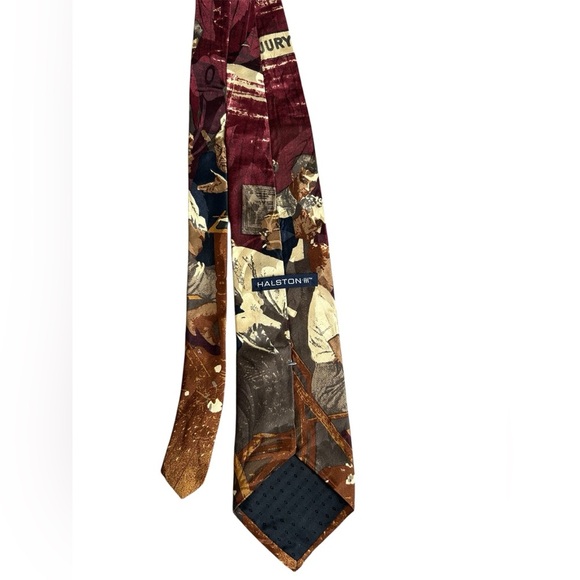 Halston III Vintage 100% Italian Silk Jury Room Themed Tie - Picture 2 of 4